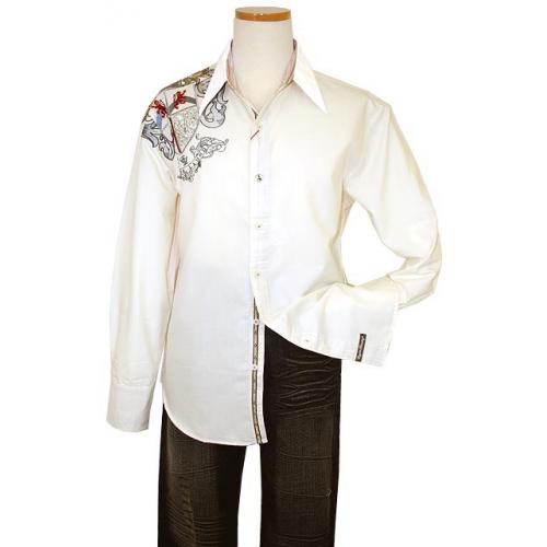 English Laundry Cream with White Collar & Red/Grey Embroidered Emblem Design Long Sleeves Cotton Blend Shirt ELW924